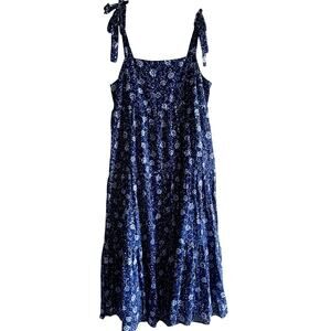 Madewell Blue Floral Smocked Tie Strap Midi Dress Cottagecore Fairy Size Large